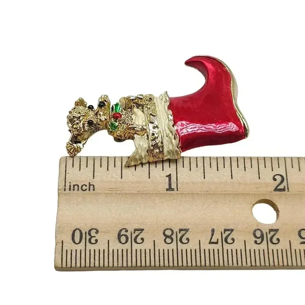 Gerrys Red Enamel Christmas Stocking with Poodle Brooch Pin Gold Tone Vintage